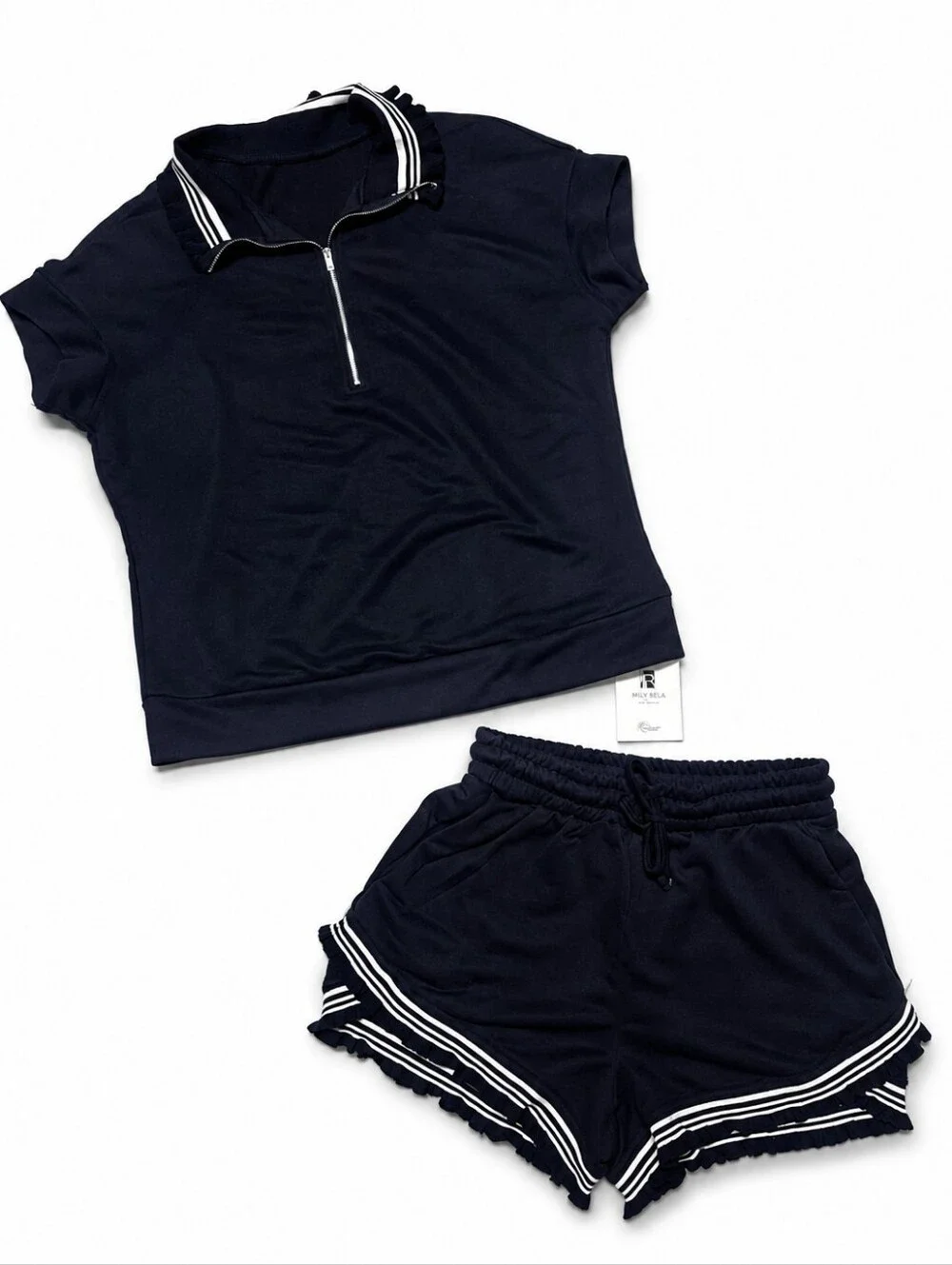 Imily Bela Navy Blue Ruffle Half Zip Top Shorts 2 Piece Set Size Small NWT